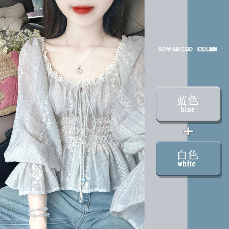 2025春夏新款法式赫本风设计感小众方领衬衫女高腰牛仔裤两件套潮