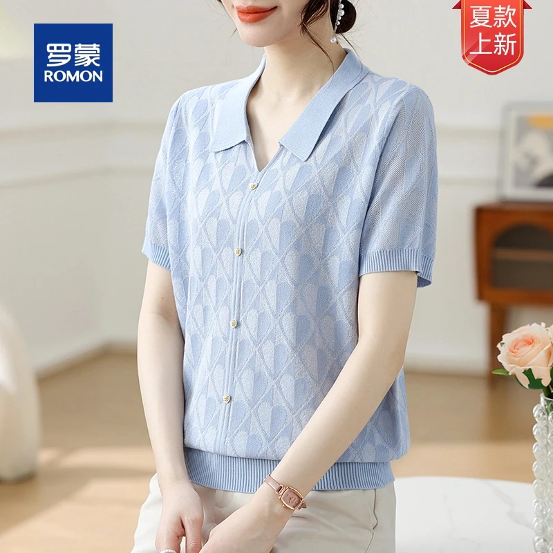 罗蒙25年夏季冰丝凉感气质减龄透气百搭针织短袖中老年妈妈装小衫