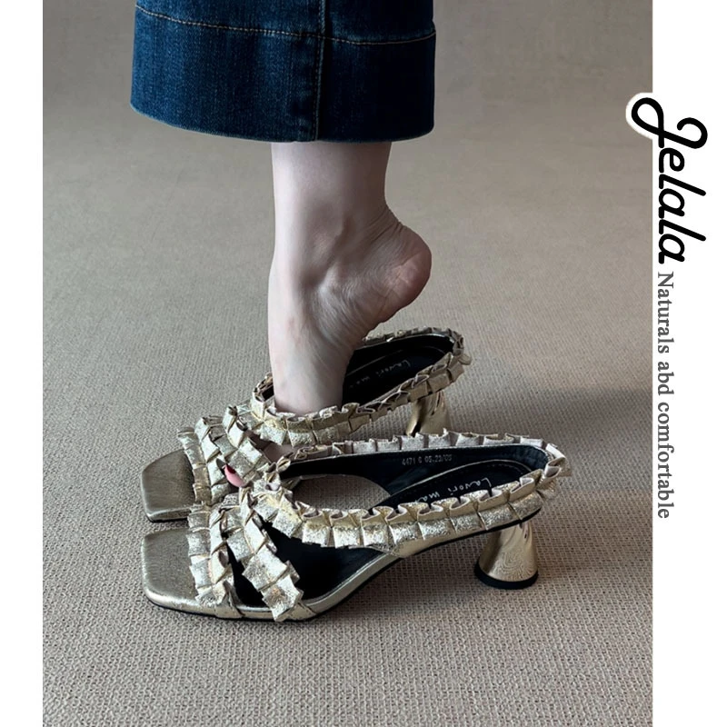 JELALA·花边编织方头粗跟凉拖女夏时尚露趾拖鞋D59