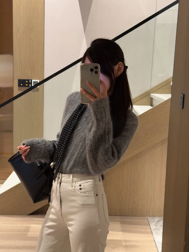 南韩博主真丝马海毛慵懒麻花套头毛衣ins气质