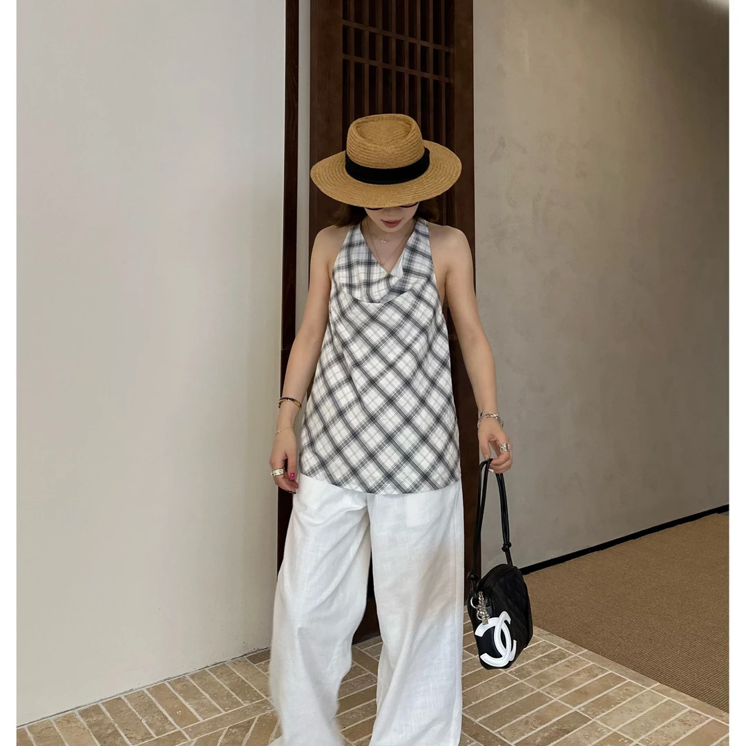 Our2【工字斜格背心】气质通勤设计感格子吊带【X5373】