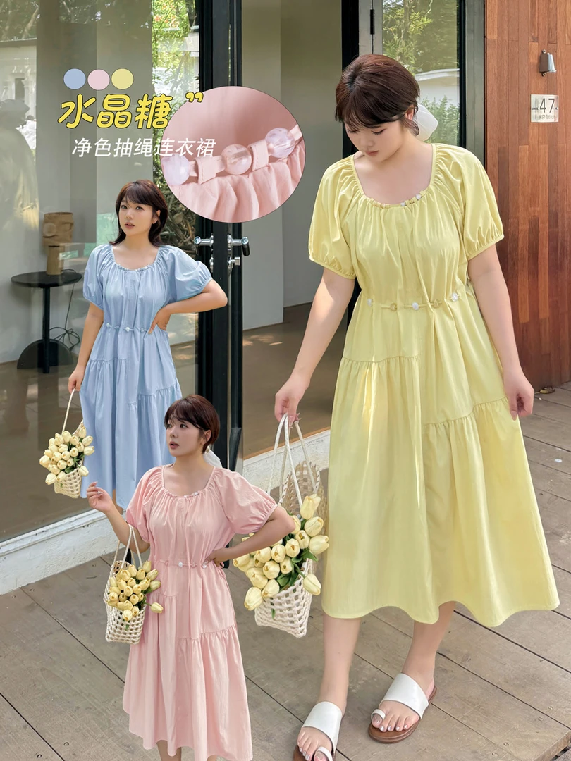 YH-3058大码女装2025夏新款气质泡泡袖串珠抽绳收腰长款连衣裙