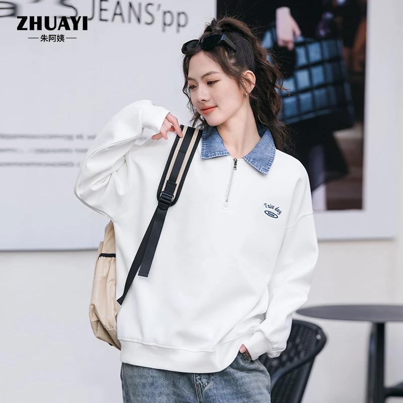 女大童卫衣2025春季新款休闲长袖牛仔领拉链卫衣学生春装