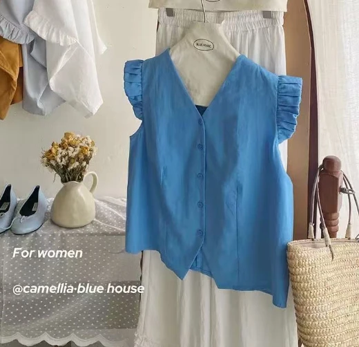 【运费补贴】韩系文雅V领单排扣衬衫女百搭花边小飞袖休闲上衣