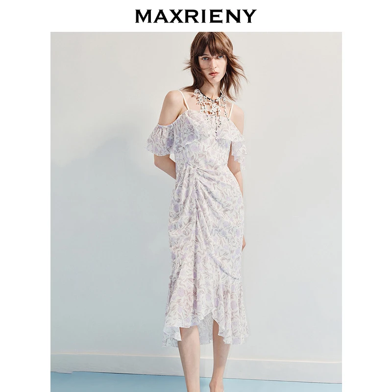 【若谷大大】MAXRIENY夏季新款紫玫瑰桑蚕丝一字领连衣裙修身长裙鱼