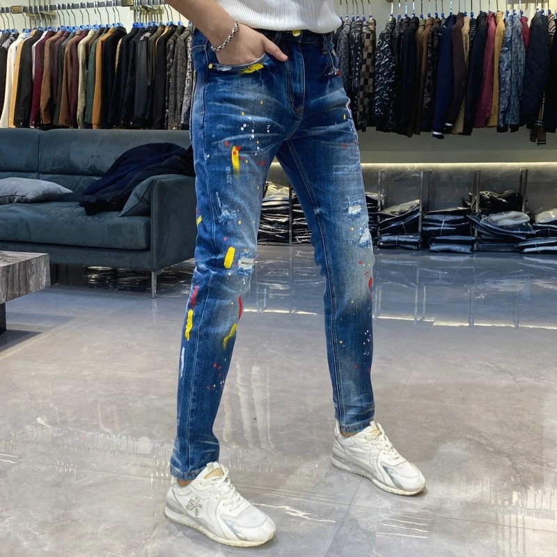 【也许家】新品男士破洞欧货修身弹力牛仔裤蓝色彩绘小脚裤GZ5071