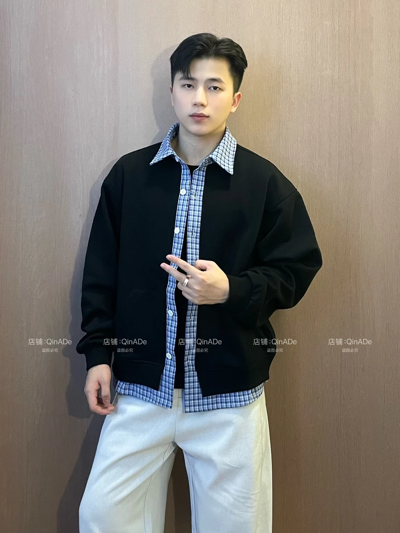QinADe假两件格纹设计感拼接长袖T恤卫衣男士休闲秋季韩系学院风