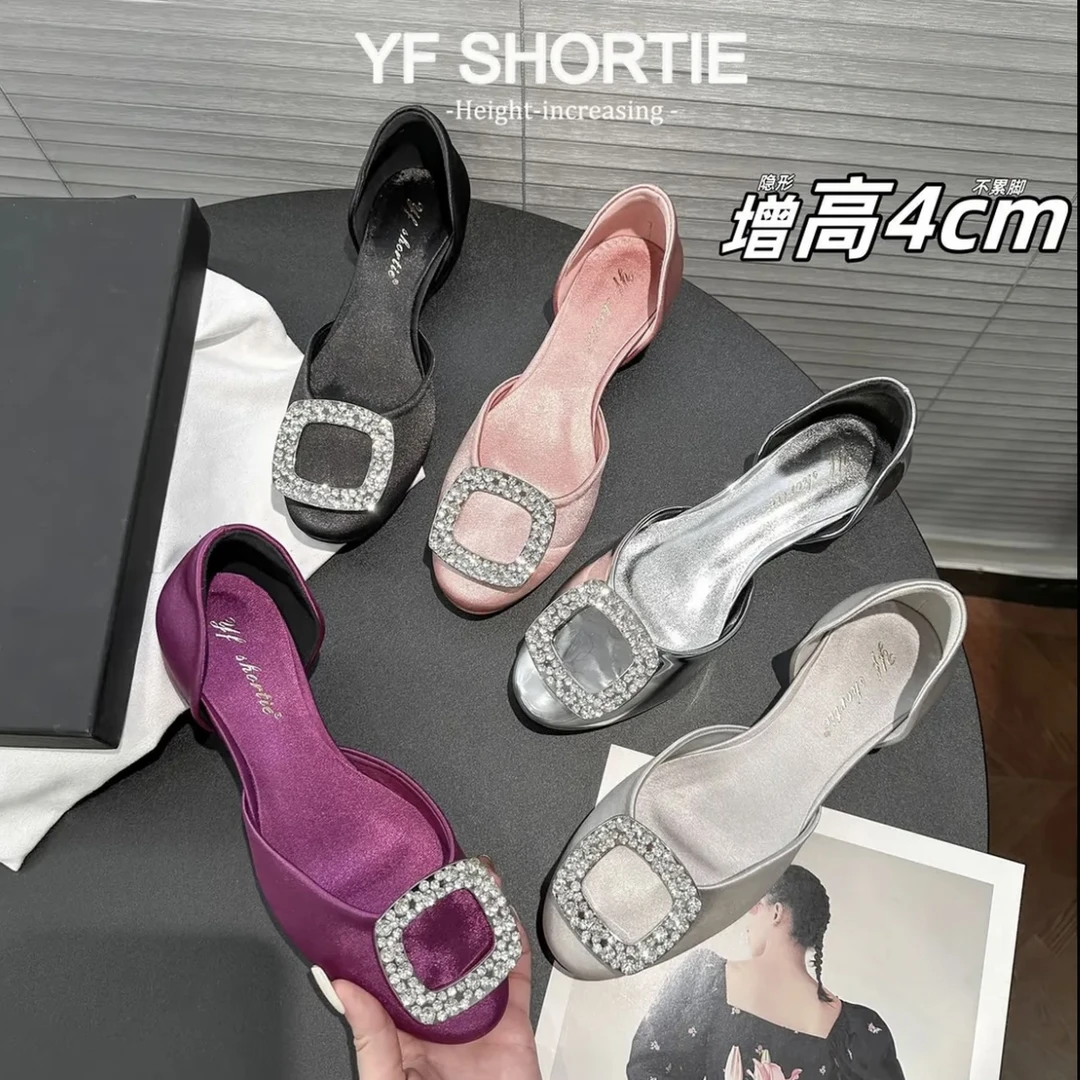 增高4cm仙女风圆头中空气质凉鞋百搭2025新款法式平底时尚单鞋