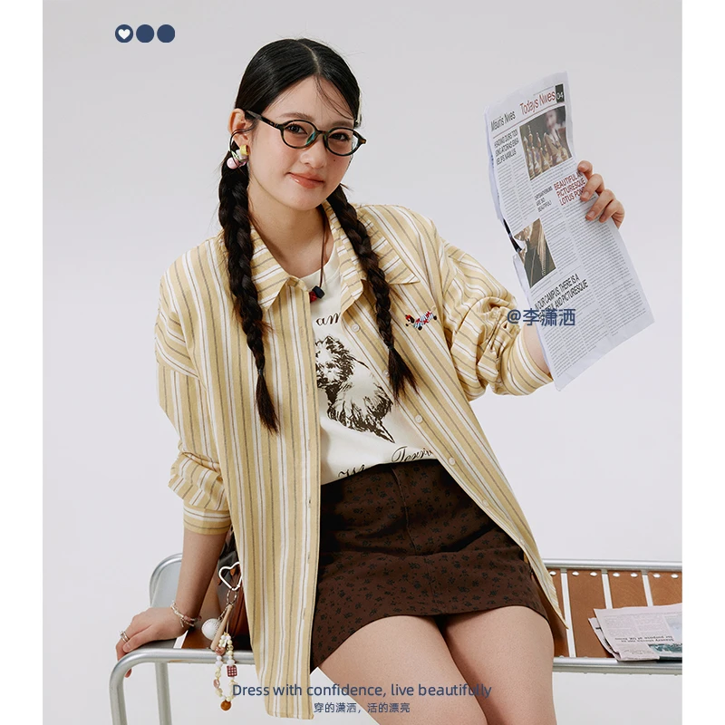 李潇洒微胖mm大码刺绣条纹撞色廓形衬衫女高级感通勤百搭垂感上衣