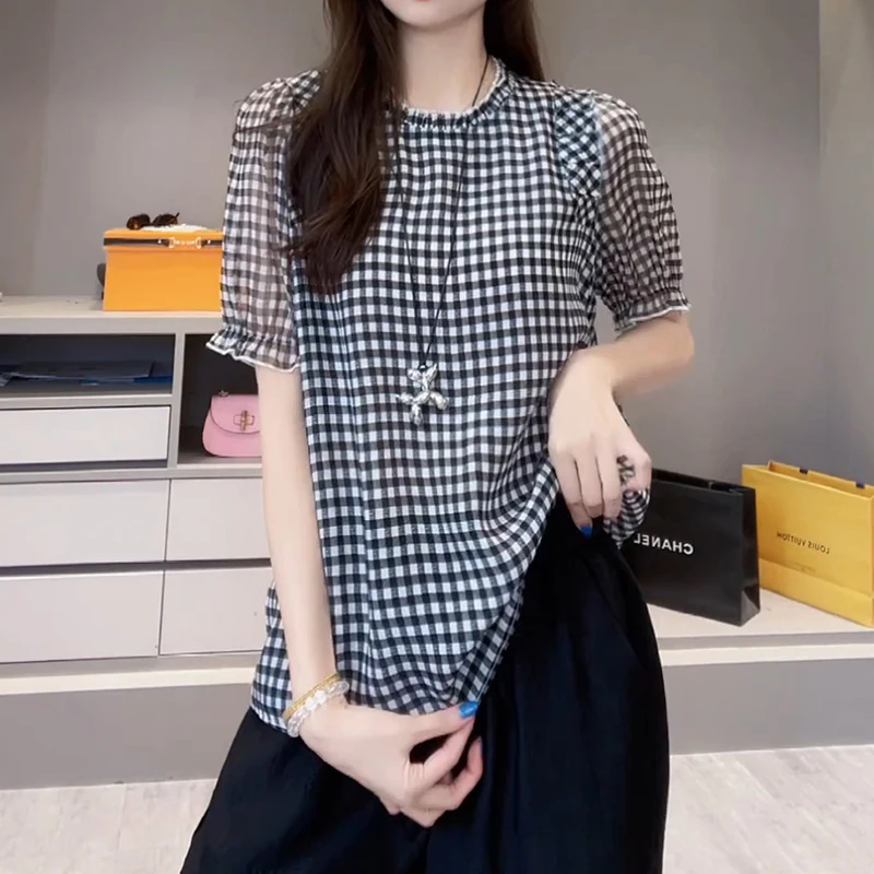 时髦风格子衬衫新款藏肉巨遮肚子显瘦上衣女短袖减龄洋气胖mm大码