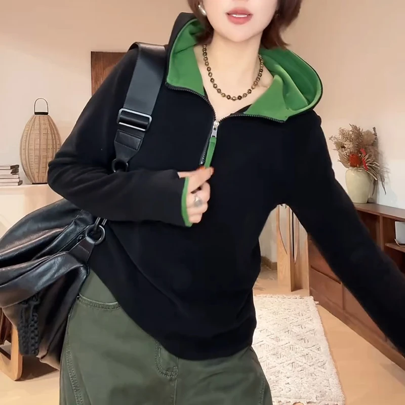 2025新款拼色长袖连帽卫衣休闲百搭女士绒衫打底上衣LK2507075