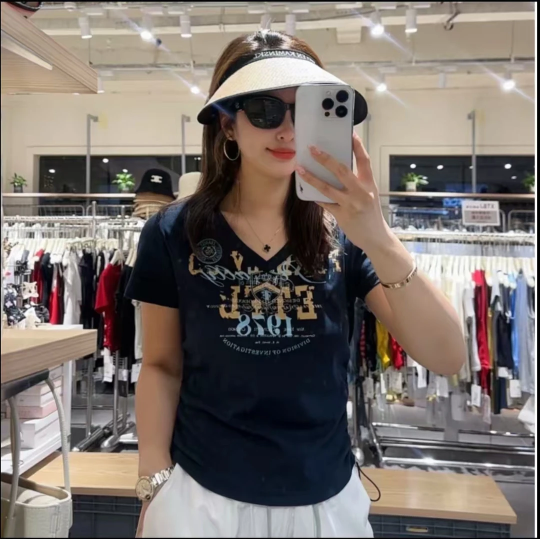 7489新款时尚V领侧边抽绳短袖T恤