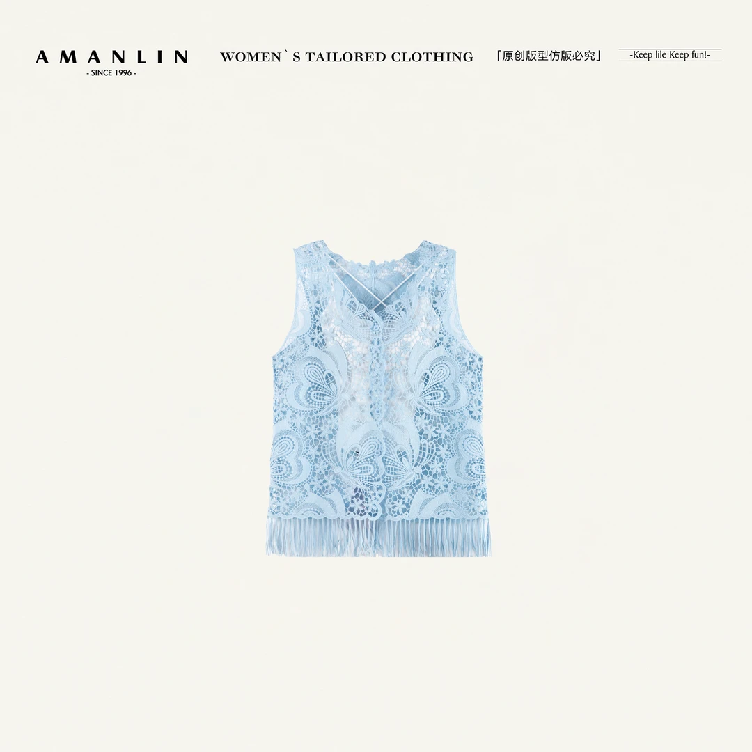 AMANLIN/阿谩琳欧若风高级蕾丝流苏百搭无袖花朵时尚套装D595892