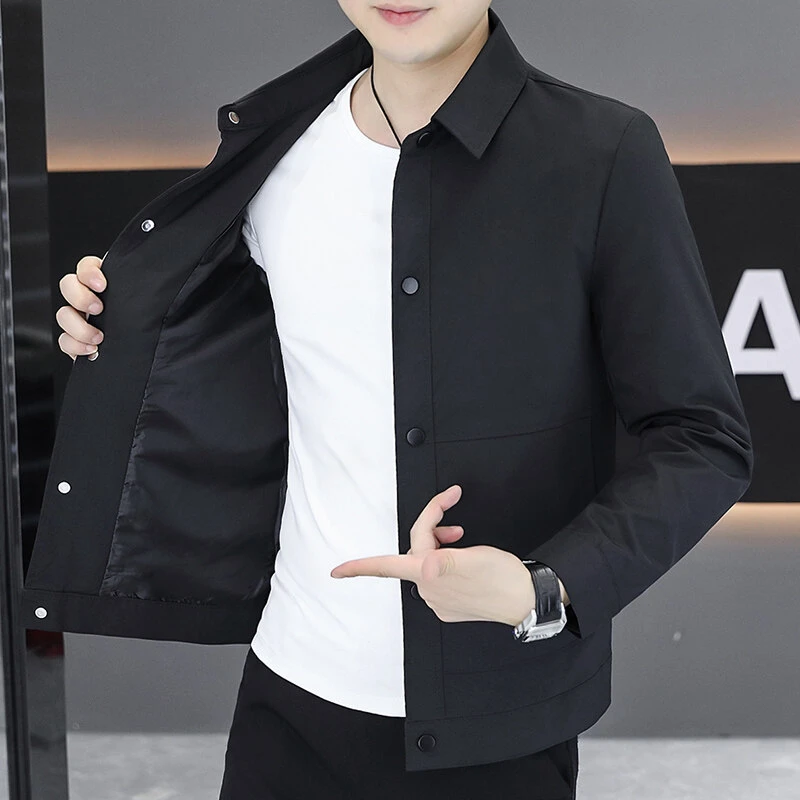 秋冬季加厚款翻领男士黑色翻领夹克休闲夹克薄款二棉加厚工装上衣
