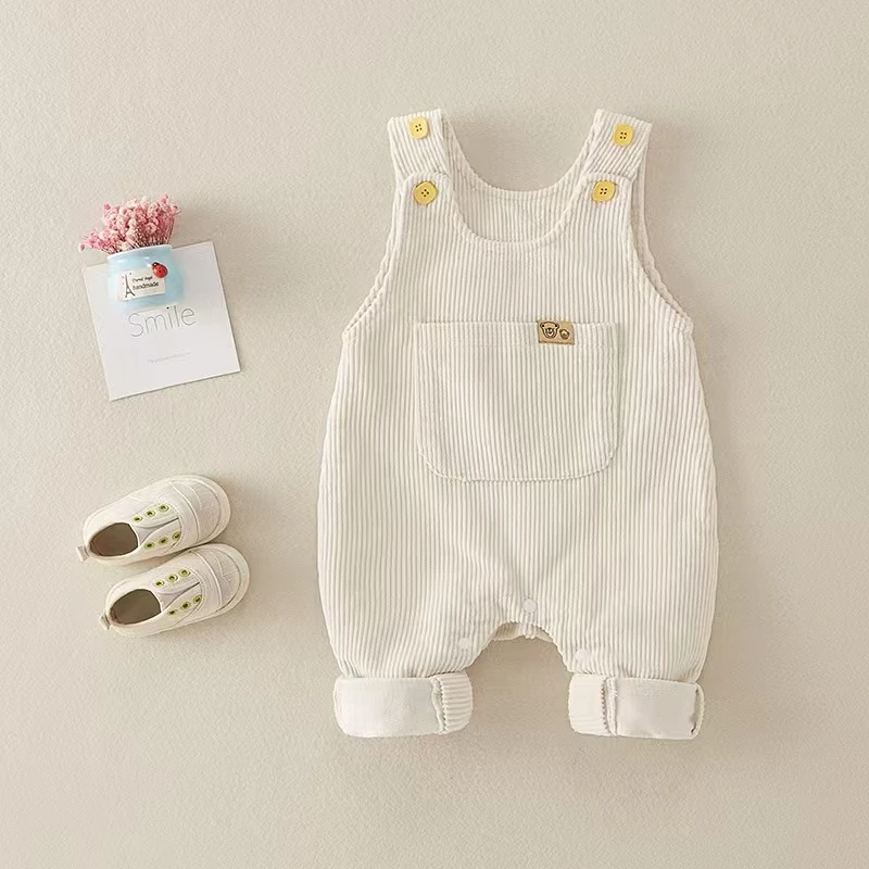 宝宝洋气背带裤春秋外穿按扣开裆0-3岁新生婴儿衣服灯芯绒裤子A类