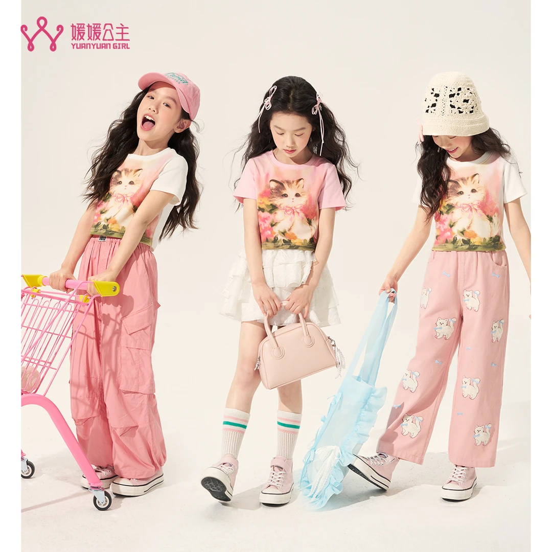 媛媛公主媛【细嗅蔷薇】2025新款夏季女童时尚休闲T恤15201A034