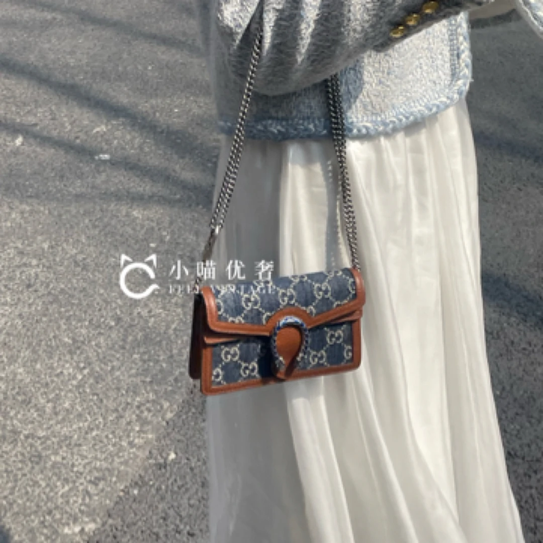 99新 GUCCI/古驰 蓝色牛仔mini酒神迷你链条包时尚女士斜挎包休闲