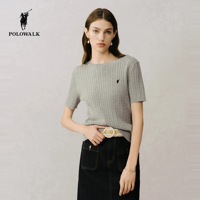 POLOWALK2025夏季新品女式短袖修身针织衫上衣打底衫百搭时尚毛衣