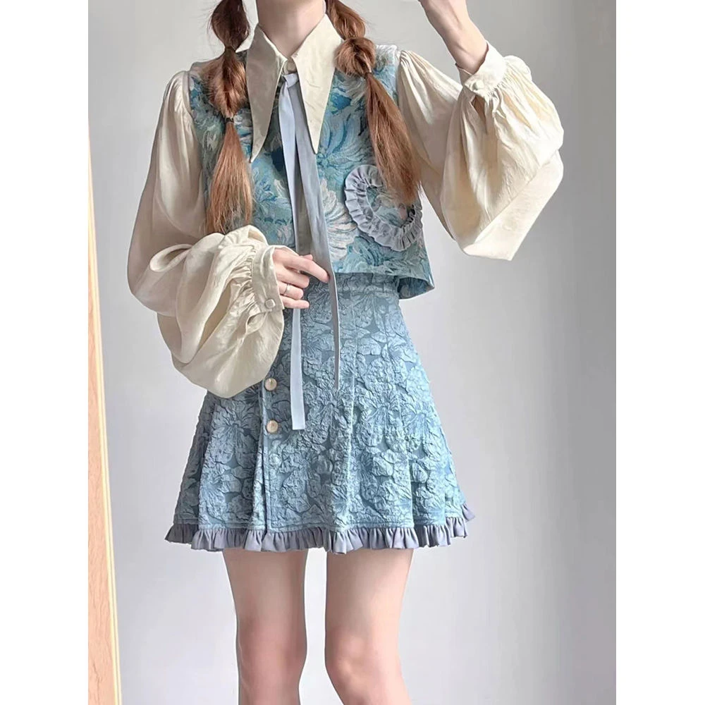 油画风新中式套装春夏新款短款提花马甲半身裙两件套别致绝美上衣