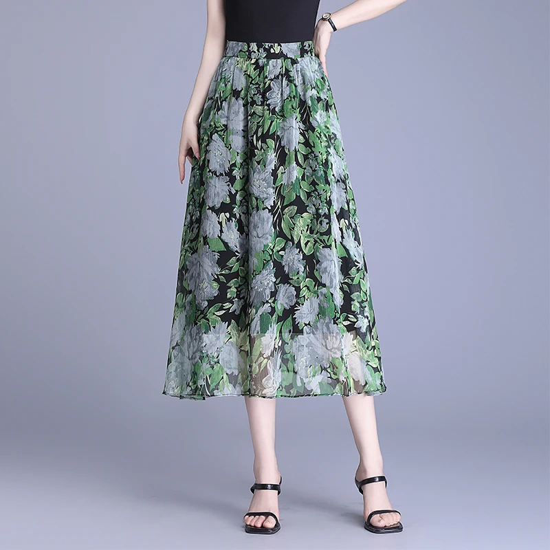 女士法式半身裙雪纺垂坠感a字长裙气质优雅印花半裙夏季洋气伞裙