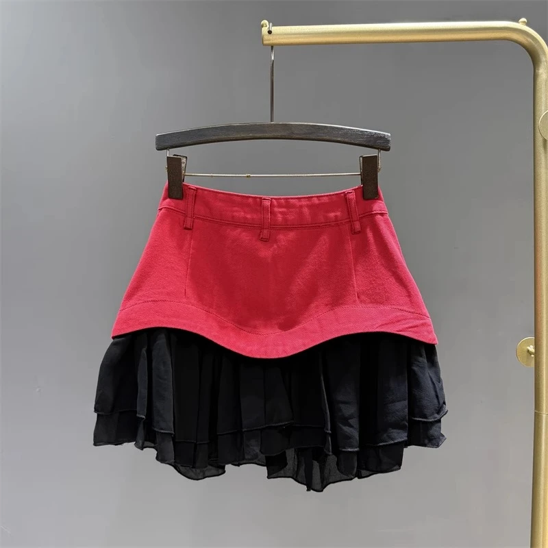 高腰辣妹蛋糕裙短裙子拼接网纱牛仔半身裙女2025夏季新款减龄显瘦