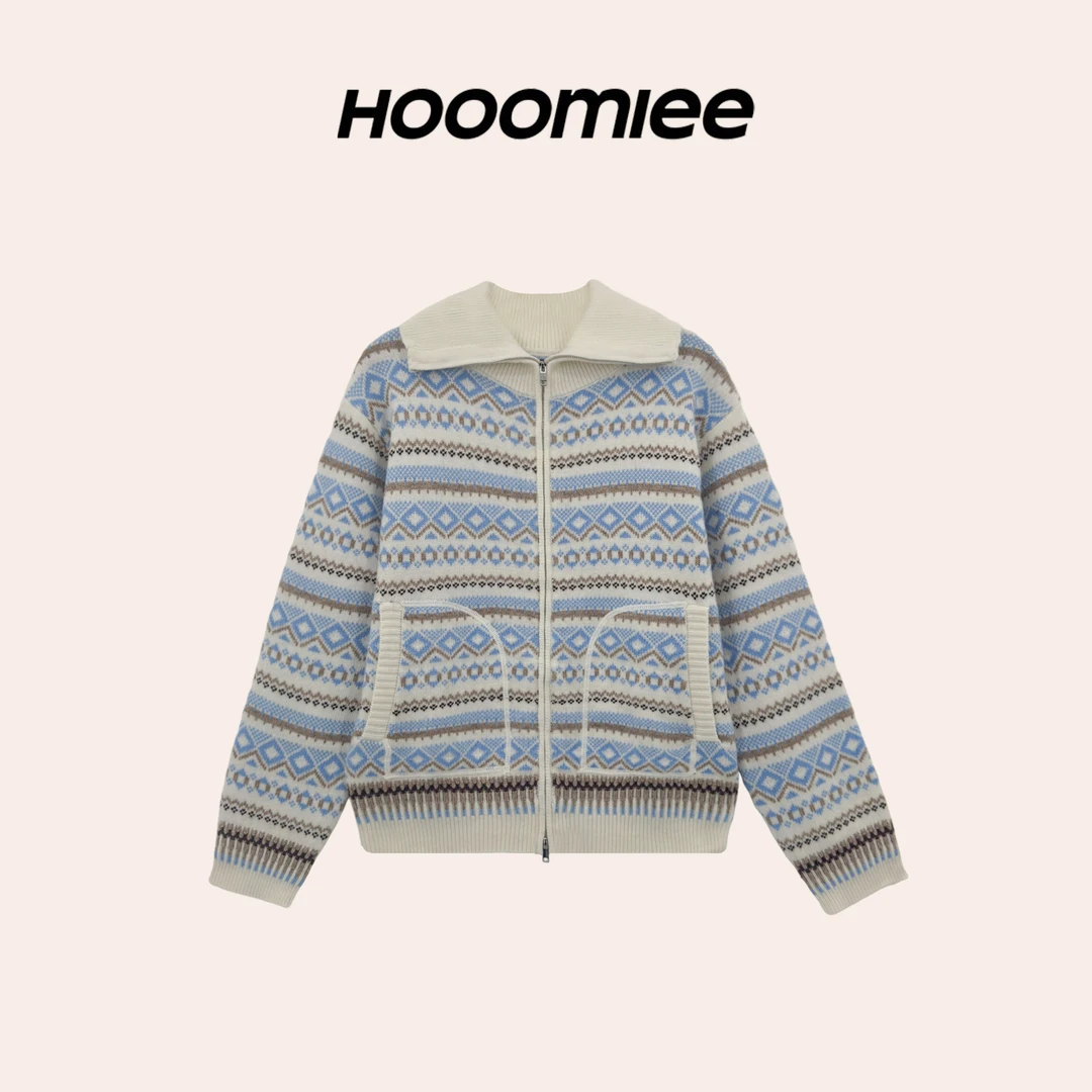 Hooomiee 新潮费尔岛 绵羊毛蓝花纹长袖针织女士上衣YS25193