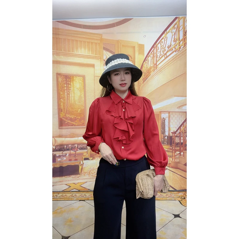 2319荷叶边雪纺衬衫女装秋季年新款时尚洋气小衫别致长袖上衣
