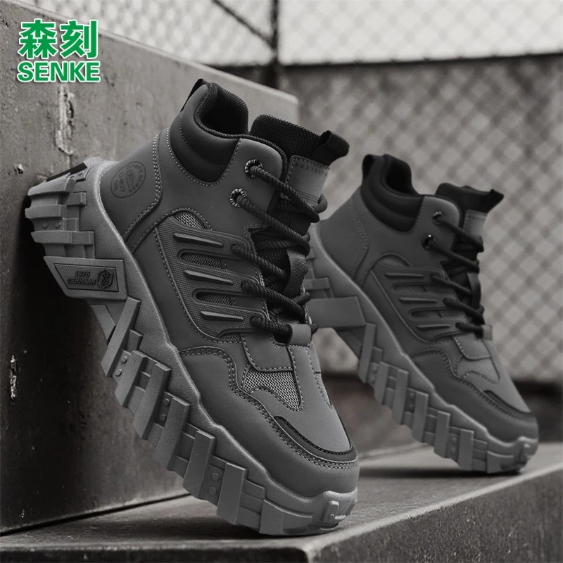 森刻男鞋2025新款高帮厚底防滑潮流复古工装增高皮面防水马丁靴男