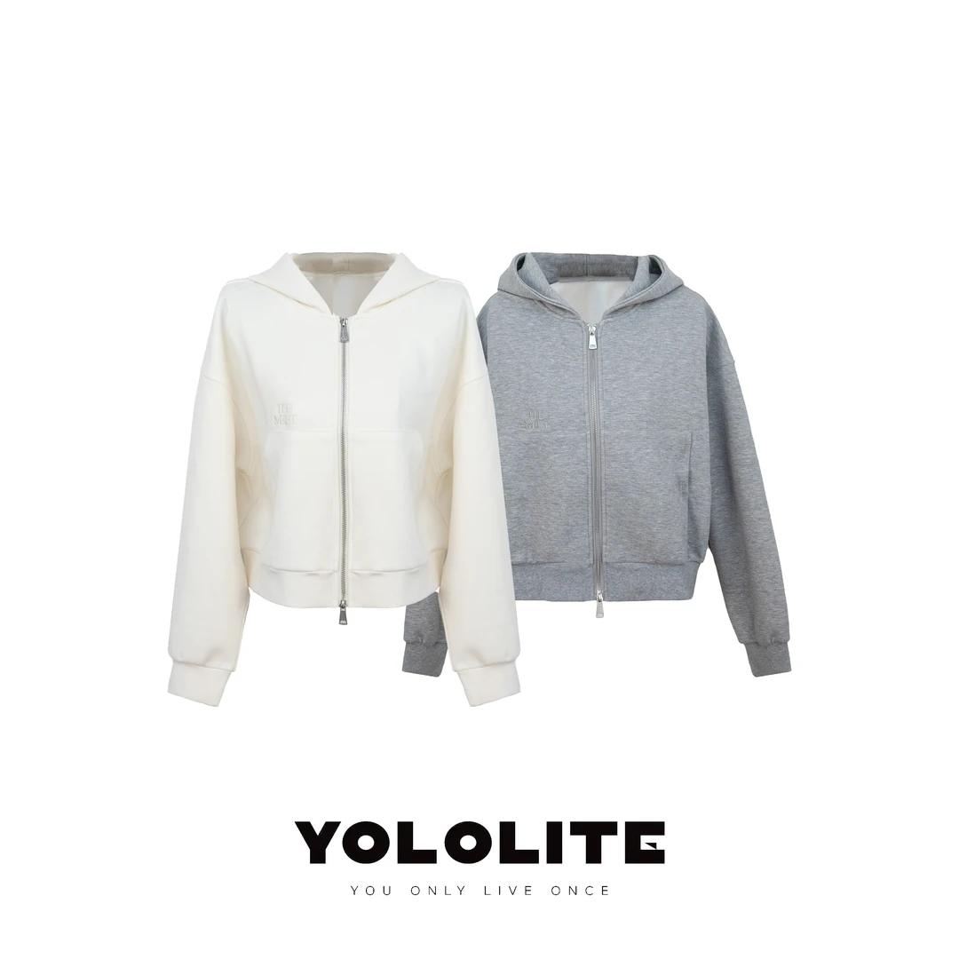 YOLOLITE【慢生活】2520刺绣双开金属拉链螺纹下摆连帽开衫卫衣外套