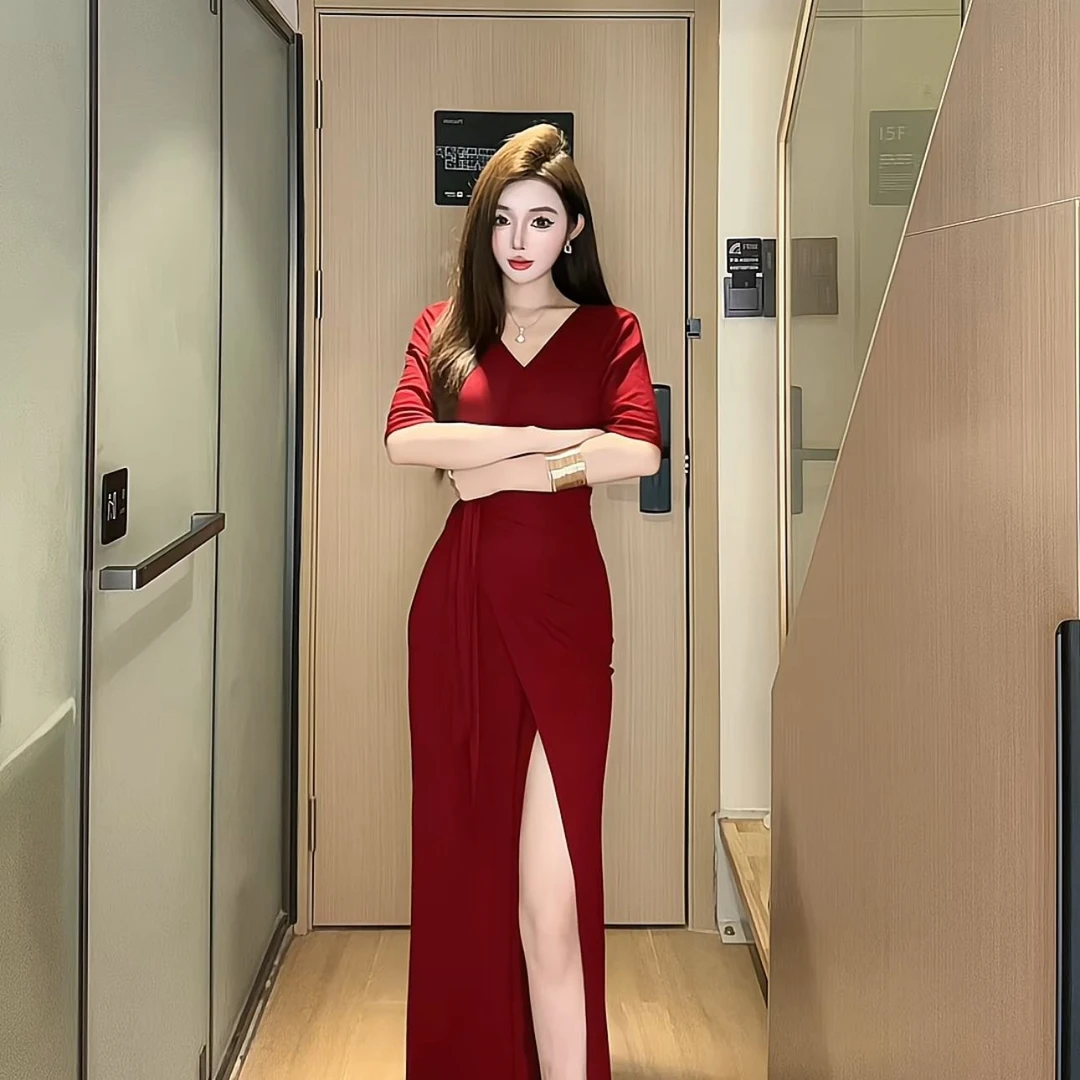 美式清冷感短袖V领腰部绑带款显瘦遮肚子气质百搭韩系连衣长裙女