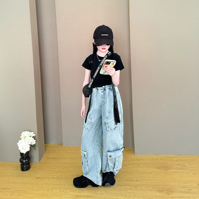 女童夏装套装2025新款洋气中大童个性短袖衬衫儿童牛仔工装裤套装