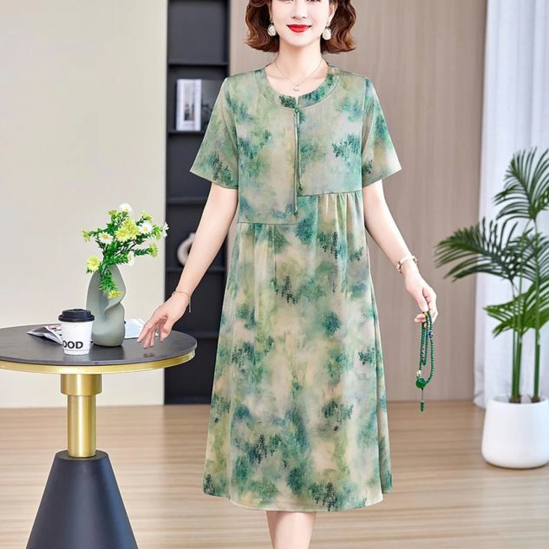 夏季薄款短袖连衣裙2025夏装新中式国风宽松雪纺长裙子妈妈XHA229