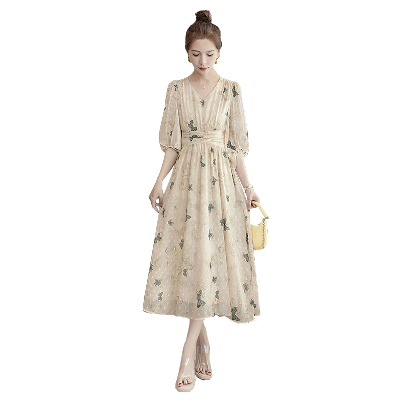 丝柏舍V领连衣裙春装女装褶皱印花收腰中长裙S51B0808L