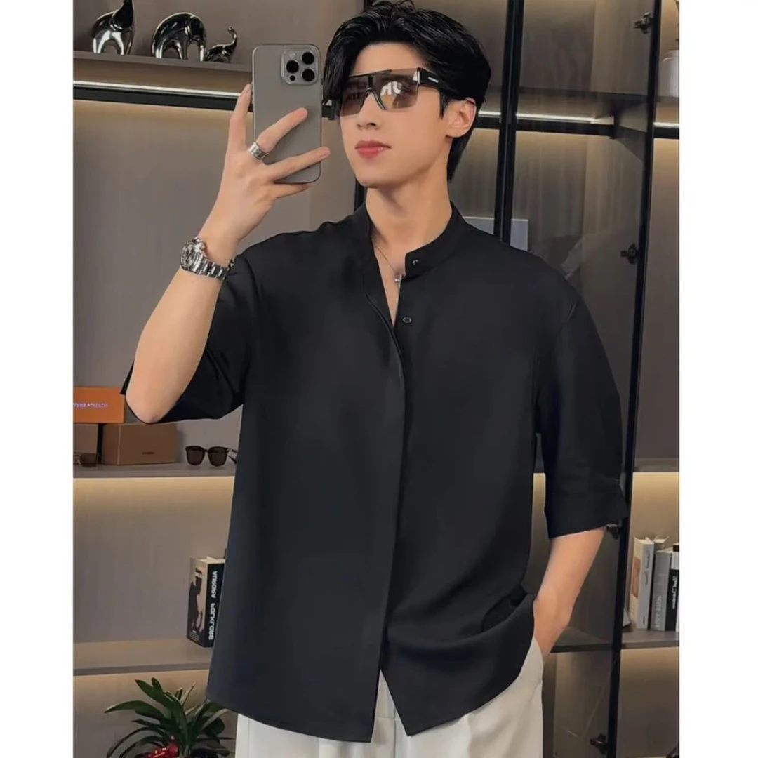 【百象服饰】夏季新款男士立领宽松纯色设计师立体裁剪百搭衬衣