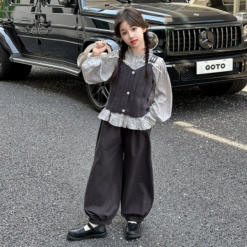 女童春秋款套装2025新款儿童装小香风马甲衬衣网红时髦三件套秋装
