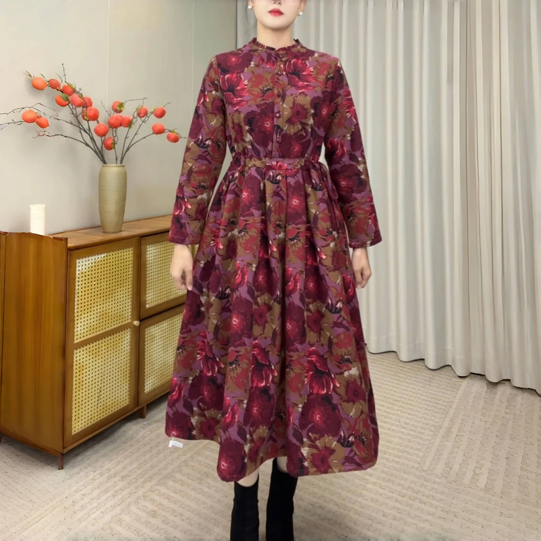 蔓络衣品-冬季新款加绒保暖棉麻连衣裙