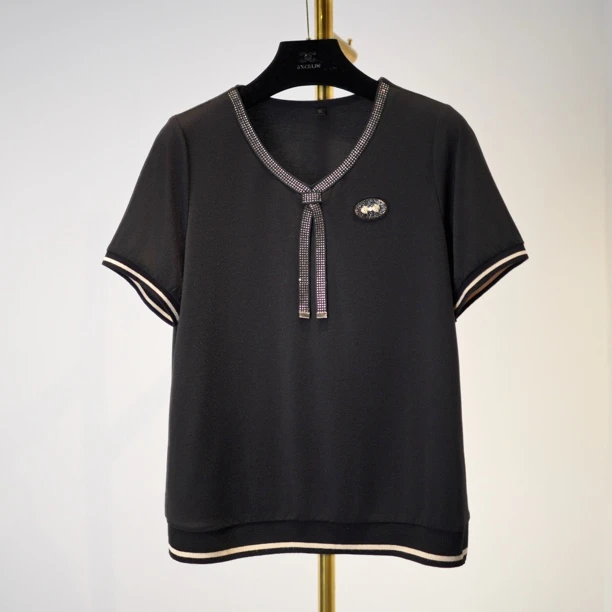 【奥钻精致飘带V领短袖】夏季新款高档穿搭显瘦减龄女士洋气出行T恤