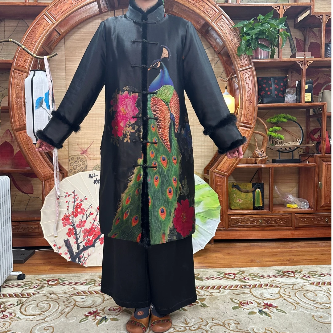 70姆米重缎绚丽孔雀牡丹花开长款棉服100桑蚕丝香云纱填充羊驼绒