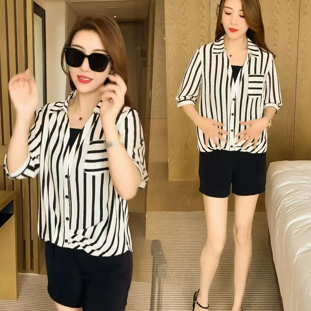 夏季新款假两件时尚大码条纹衬衫女宽松百搭洋气遮肚子短袖  5588