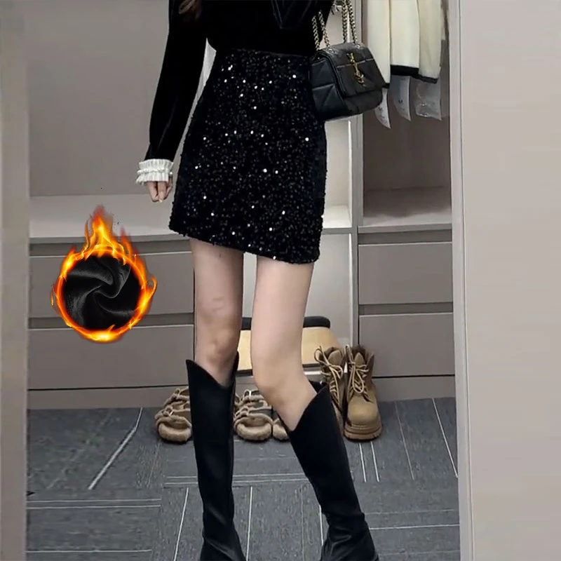 春秋半身裙亮晶晶半身裙亮片裙气质高腰加绒百搭小个子防走光短裙