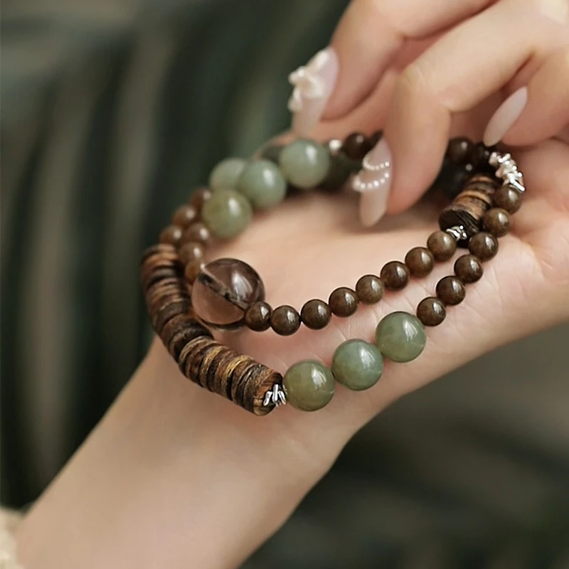 S12048<晶贵坊>s925银和田玉茶晶九九香香（有厚薄）碎银弹力手串