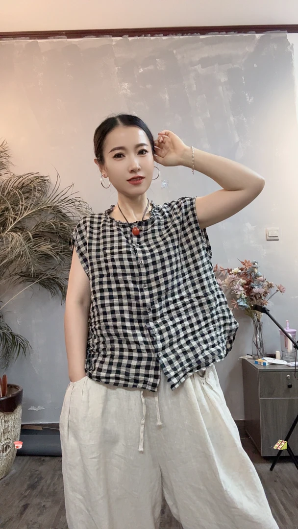 69001夏季新款色织亚麻百搭宽松砍袖