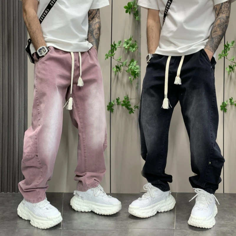 2025春夏季渐变色牛仔裤宽松直筒阔腿弯刀裤青年重磅水洗做旧裤男