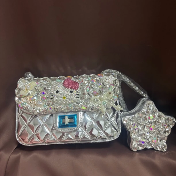 330DIY手工轻奢亮面银色星星斜挎包时尚潮流百搭个性包包