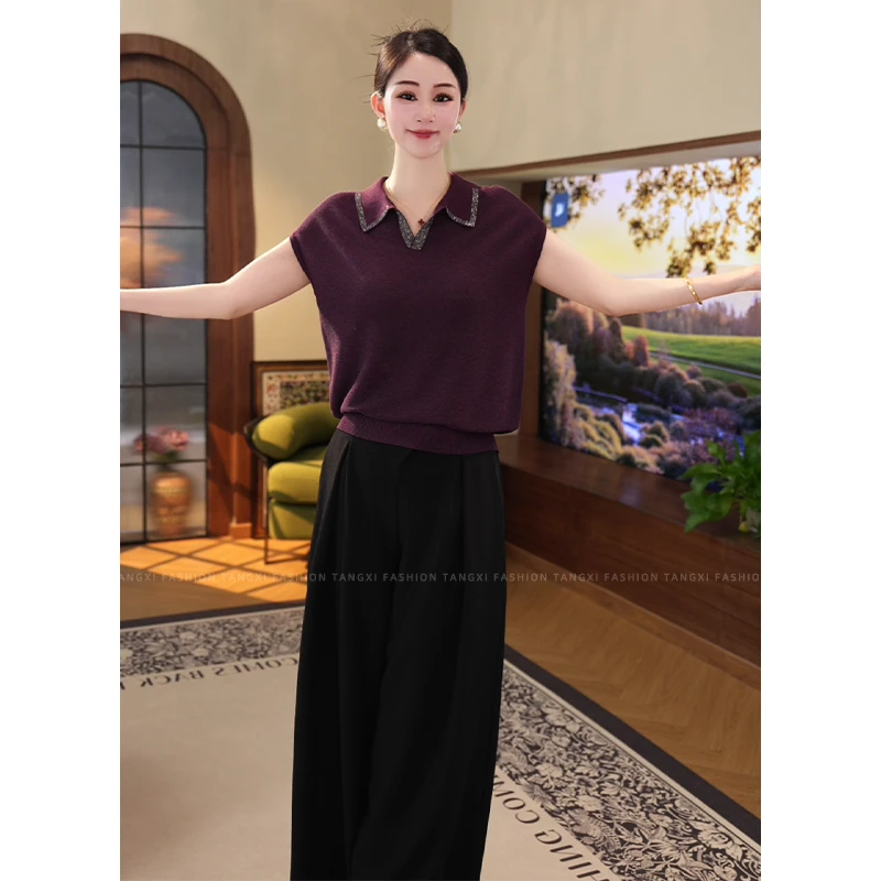 2026夏新款【LT-1139】薄款凉快天丝紫色烫钻设计感短袖针织小衫