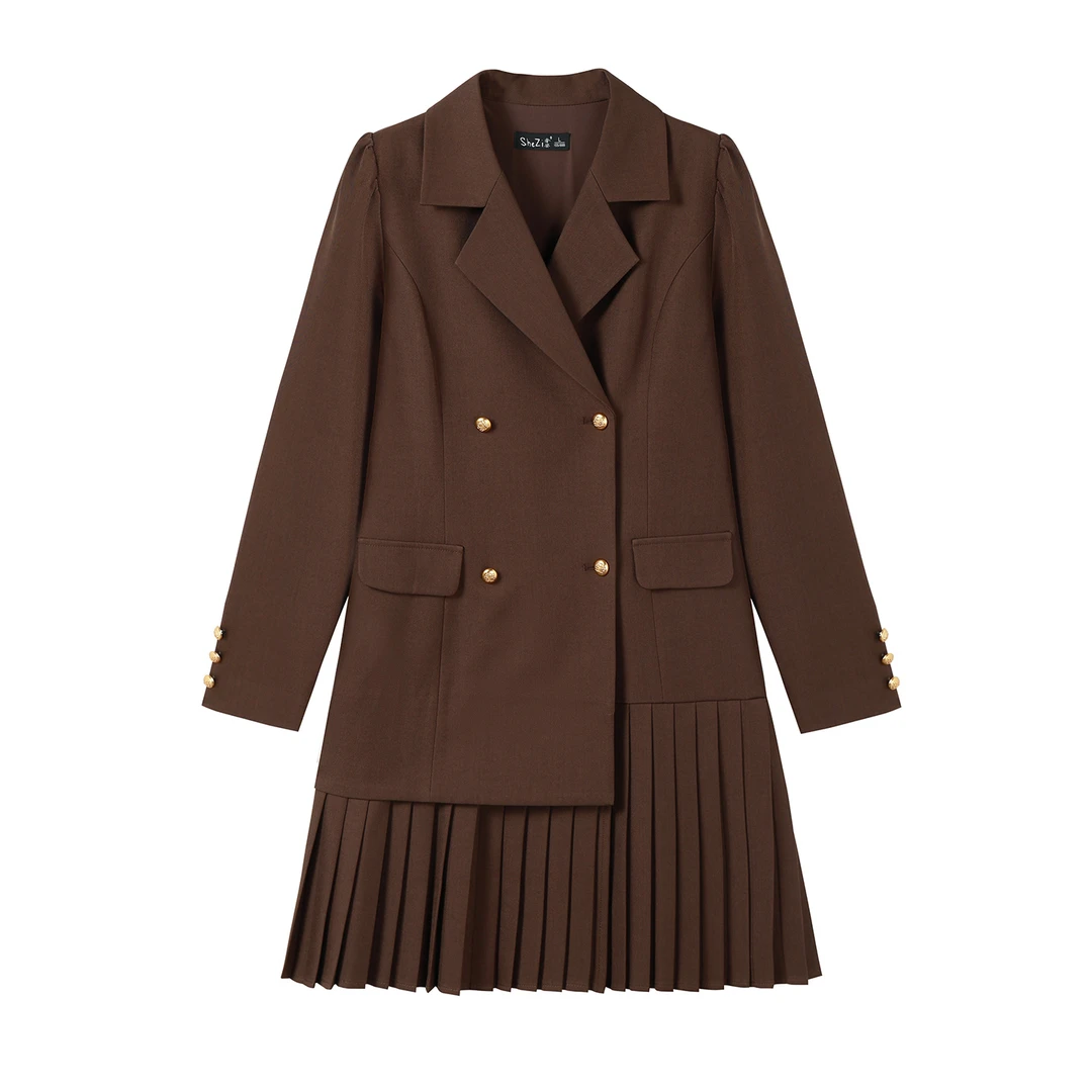 【奢姿】大码女装2025冬季时尚咖色百褶拼接西装裙胖妹妹气质裙装