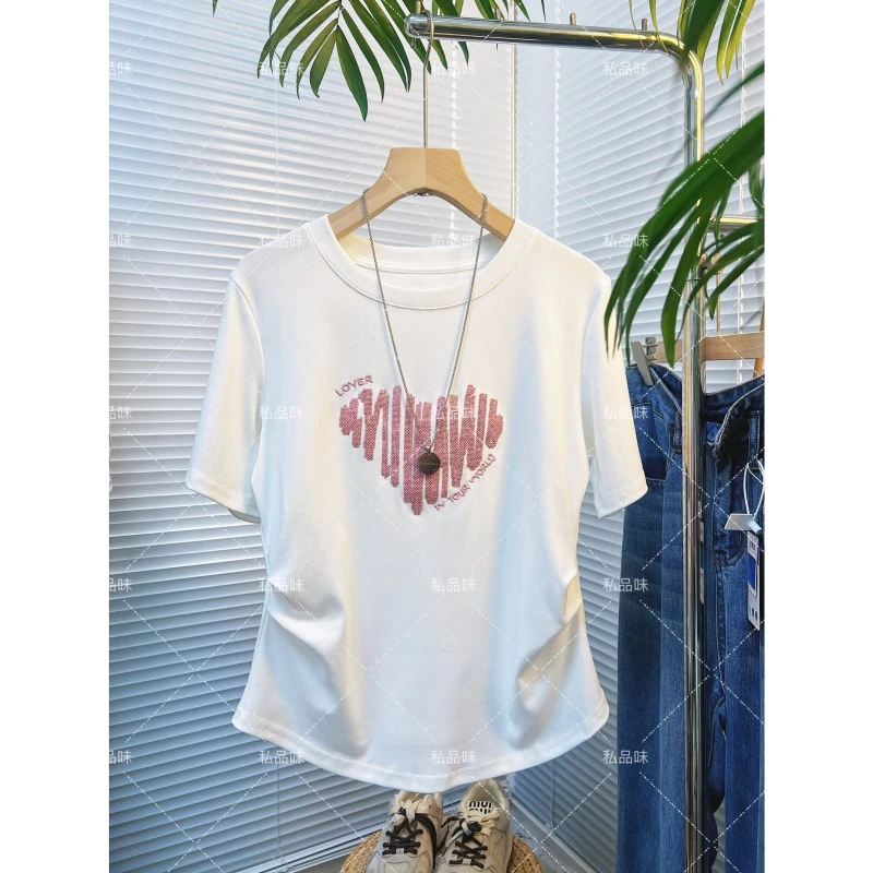 私品味-2025年新款白色夏季亮片圆领短袖T恤女士气质上衣T25799