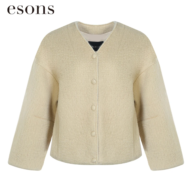 esons/爱城市【商场同款】新款温柔保暖毛呢V领开衫外套女36864970