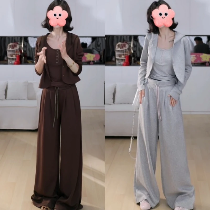 2025新款灰色短外套帽衫+百搭背心+显瘦高腰休闲裤LK2505391