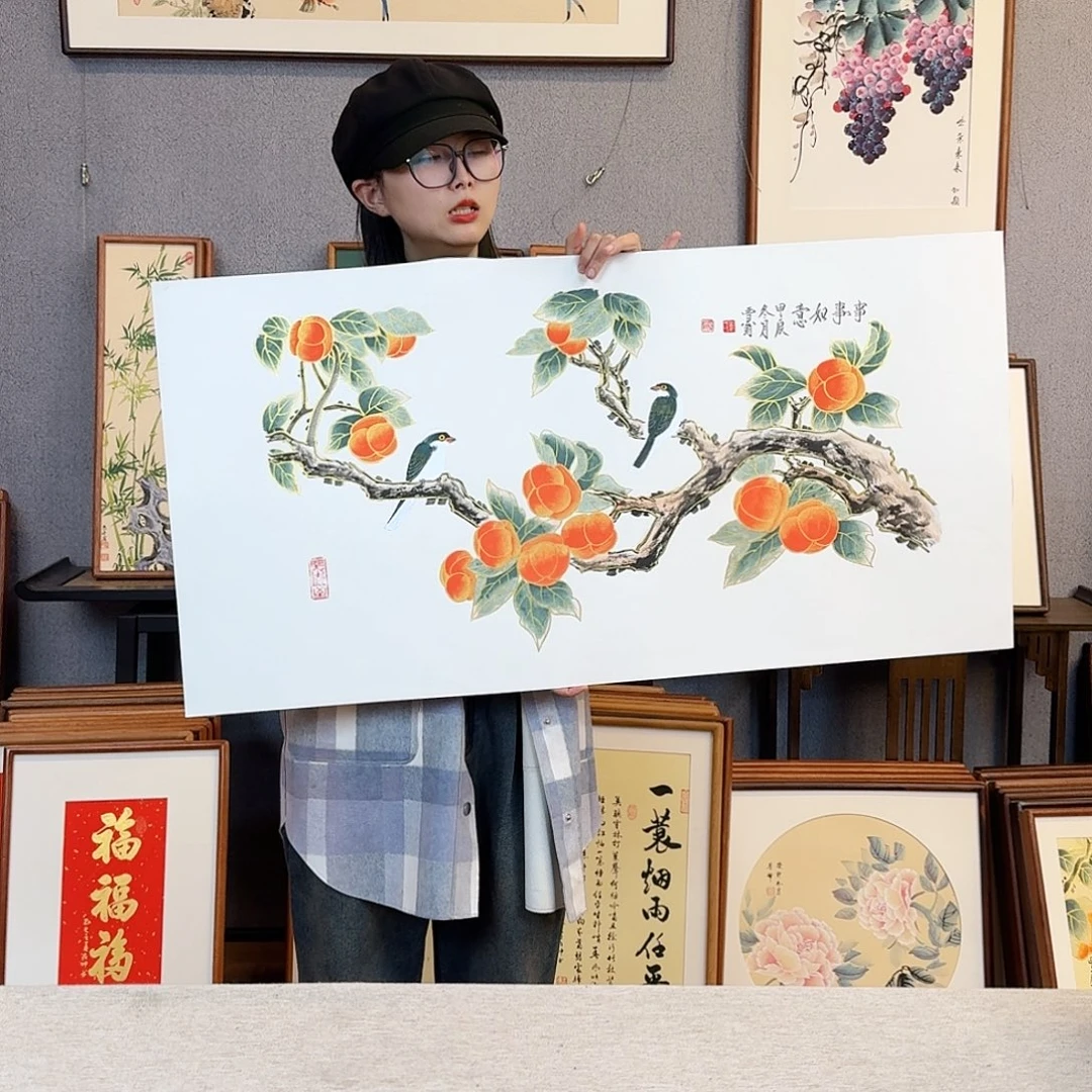 国画纯手绘，纯手写带框尺寸：53×103厘米